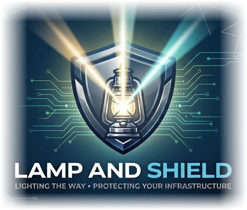 Lamp and Shield logo: a lantern inside a shield. Lighting the way, protecting your infrastructure.